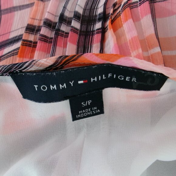 Tommy Hilfiger Plaid Loose Flowy Blouse Semi Sheer Sleeve Orange Pink Black S - Picture 9 of 10